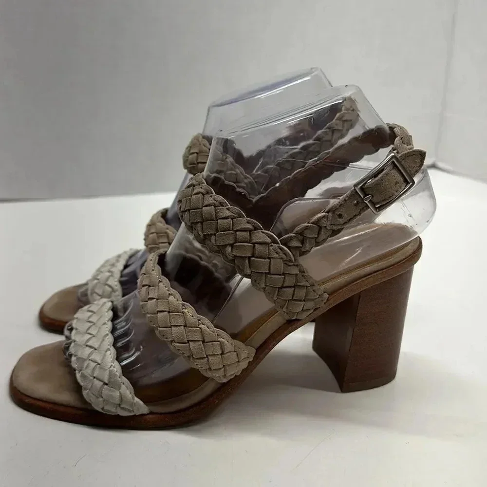Frye Amy Braided High Heel Open Toe Sandals Shoes in Camel Multi Color Size 6.5